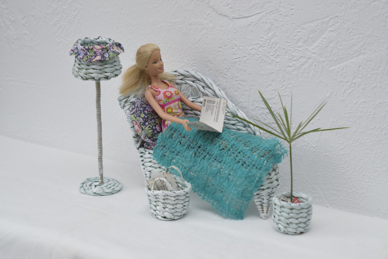 Barbie Doll Handmade Wicker Chaise Lounge Set Light Blue
