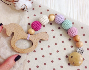 Organic wooden teething toy rattle - natural waldorf baby toy