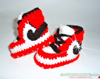 Nike Air Jordan 1, Baby Air Jordan Shoes, Baby Booties, Crochet Baby Shoes, Newborn Air Jordan 1, Baby Crochet Shoes, Red Baby Jordan Shoes