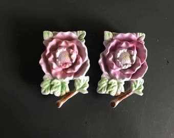 Pink Flower Wall Pockets / Vintage Japanese Pottery
