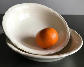 Pair of White Ironstone Bowls / Vintage Creamware Bowls with Embossed Scalloped Edges