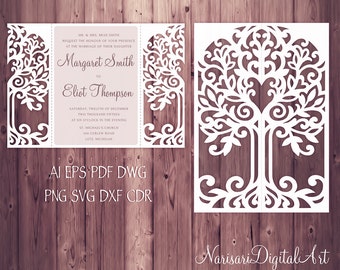 Love Tree Wedding Invitation, Laser Cut Pattern Card Template, SVG, DXF, PLT cutting file, die cut, Silhouette Cameo, Cricut