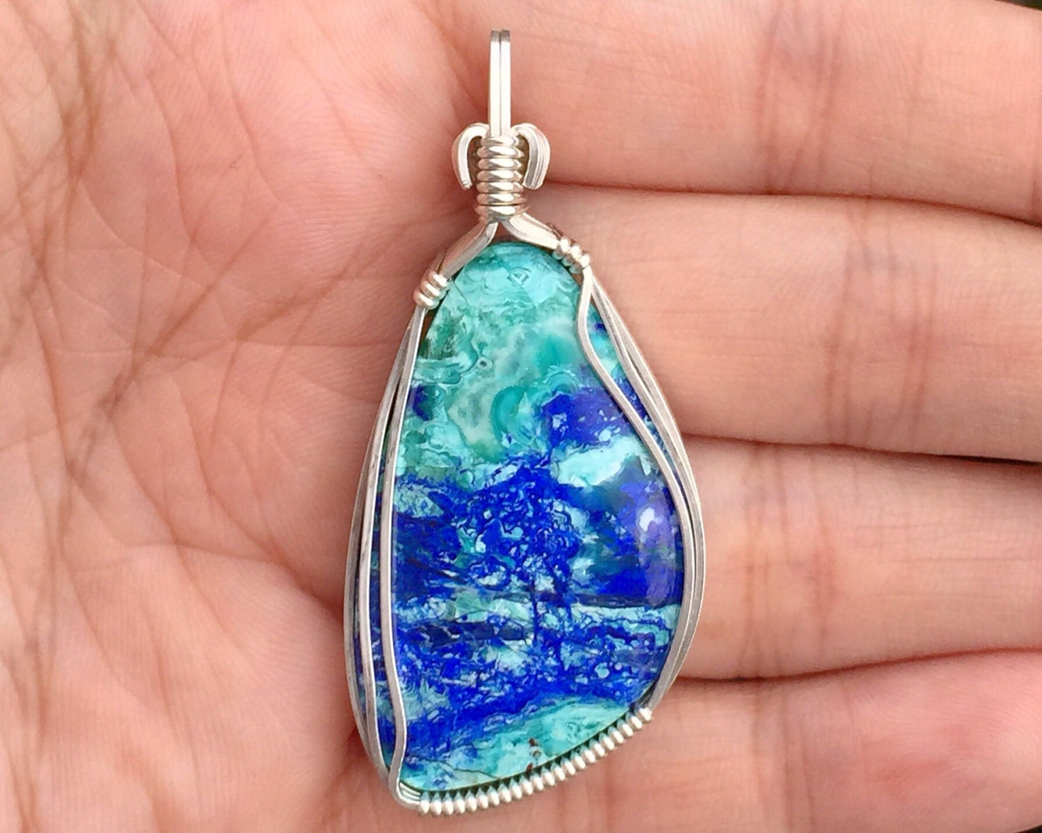 Bluebird Mine chrysocolla azurite pendant Blue pendant Wire