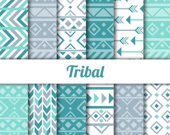 Tribal Digital Paper - Blue Gray Teal - aztec patterns, arrows, tribal designs - 12x12, 8.5x11