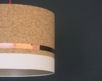 Handmade cork drum lampshade with copper detail and hand painted stripe