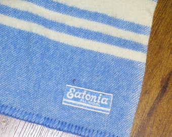 Soft vintage Wool Blanket Hudson's Bay Style Stripes in cream and blue 70 x 52 all wool camp blanket