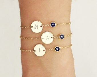 Initial Evil Eye Bracelet, Disk and Evil Eye Bracelet, Personalized Jewelry, Customized Talisman Bracelet, Personalized Bracelet / B431