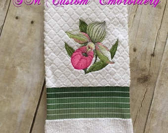 Lady Slipper Orchid Embroidered Kitchen Towel, Orchid Towel, Orchid Gift, Orchid Love, Paphiopedilum Embroidery, Orchid Flower