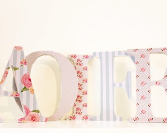 Personalised Wooden Letters, English Rose, Floral Design, Girls Room Decor, Pink Nursery Letters, Wall Letters, Baptism Gift, Baby Shower
