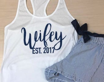 Wifey EST Pajama Set//Flowy Racerback Tank+Seersucker Boxer Shorts/Honeymoon Pajamas/Bride Pajamas/Mrs. Bridal Party/Bridal Shower Gift
