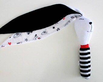rabbit, bunny, rattle, contrast, black & white, baby, newborn, first toy, plushie, baby gift, baby shower,