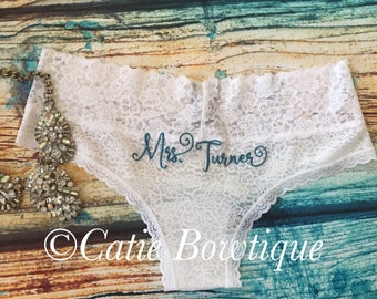 Bridal Monogram Cheeky Panties/ wedding something blue underwear/ custom white lace cheeky/ Mrs / Bride/ bride gift/ bridal panty/lingerie