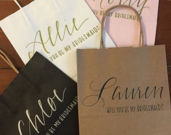 Will You Be My Bridesmaid Gift Bag, Personalized, Maid of Honor, Bridal Party, Gold, Hand-lettered, Customized, Groomsmen, Titles