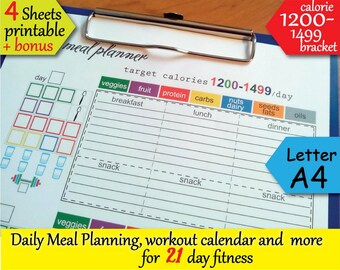 21 day Fitness 1200 Calories Tracker, Grocery List, Workout Calendar, Food journal and more Easy to Use 21 day planner- Instant Download