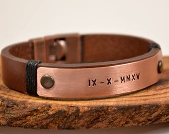 FAST SHIPPING, Men's Leather Bracelet, Father's Personalize Bracelet, Copper Men's Bracelet, Leather For Man Bracelet, Hand Stamped Bracelet