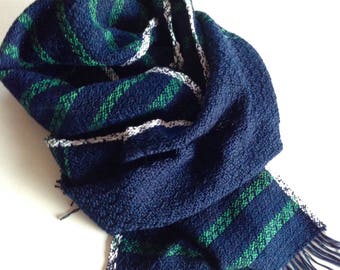 Scarf, cotton. Blue Green, hand-woven. 177 x 25 cm. Short fringes.