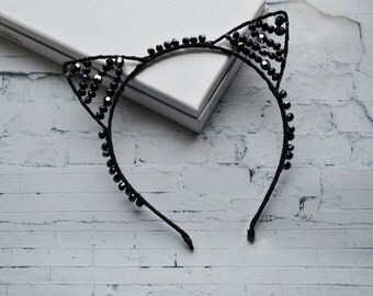 Valentines day gift for her Cat ears headband Cat ears tiara Wedding tiara Bridal headband Kitten ears Black cat ears hair piece Beaded halo