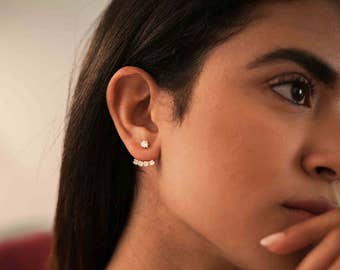 Cz ear jacket earrings - gold minimal ear jackets - minimalist ear jackets - simple cz ear jacket - dainty gold ear jacket - modern earrings