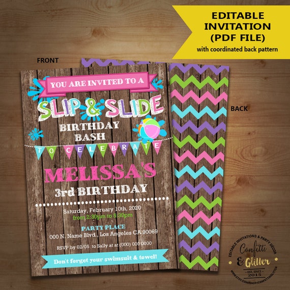 Slip N Slide birthday bash invitation backyard pink girl pool