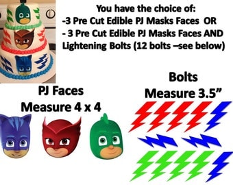 Pj Masks Heads Faces Edible PRE CUT Stickers, Pj Masks Edible Sticker Cake Decoration, Edible Stickers, PJ Masks Lightening Bolts Edible