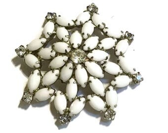 Milk Glass Brooch, White, Rhinestone Flower Pin, 1950s, Mid Century Jewelry, Silver Tone, Floral