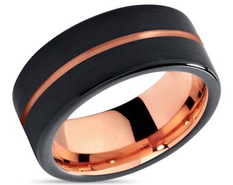 Rose Gold Black Tungsten Wedding Band Ring Rose Gold Ring Tungsten Carbide 9mm 18K Tungsten Man Wedding Band Male Women Anniversary Matching