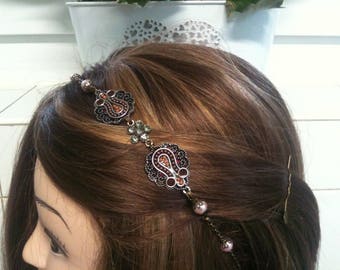 chain headband bronze Ethnic Swarovski cristal and pink glass pearls /serre tete bronze ethnique en chaine strass et perles rose