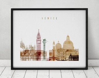 Venice art print, watercolor Poster, Wall art, Venice skyline, Italy cityscape, City poster, Typography art, Home Decor, ArtPrintsVicky