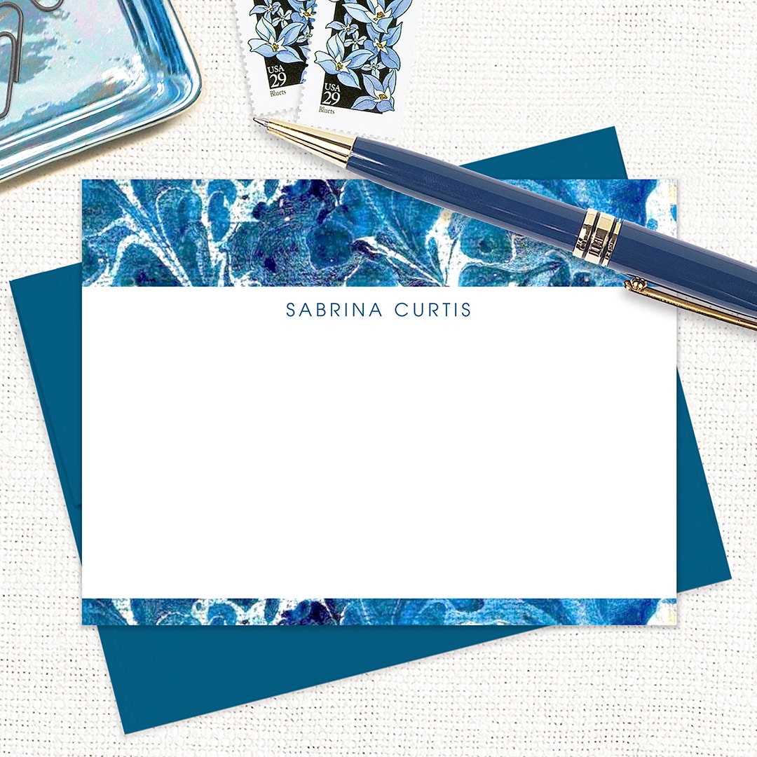 personalized flat note cards set - vintage marble paper SABRINA BLUE - set of 12 cards - custom stationary - blue stationery