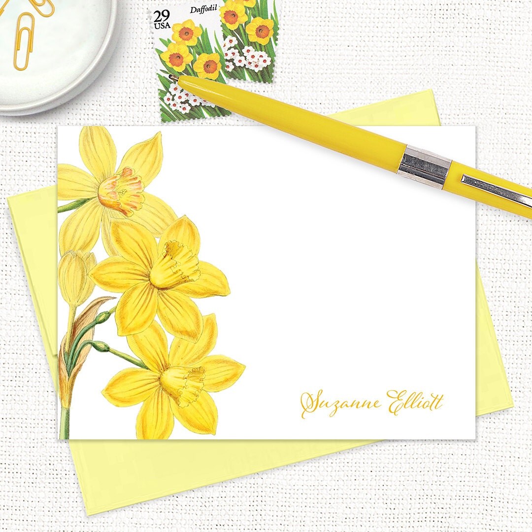 personalized flat note cards - YELLOW DAFFODILS - narcissus - set of 12 cards - floral stationery - flower stationary - botanical