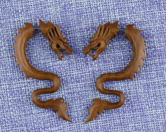 Fake Gauge Earrings, "Dragon" (DB). Saba Wood, Naturally Organic, Hand Carved, Tribal
