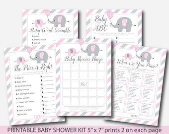 Elephant baby shower games package in pink and grey, Pink baby shower activity pack, Girl baby shower game, Baby games, BE4-01