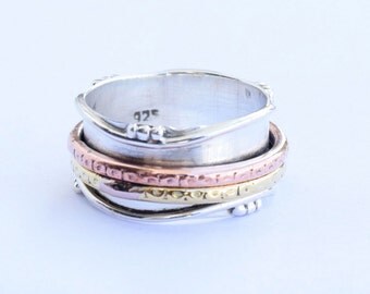Sterling Silver Spinner Ring with Tri Metal Spinners in Gold Copper and Sterling Silver Multi Metal Spinner Fidget Ring