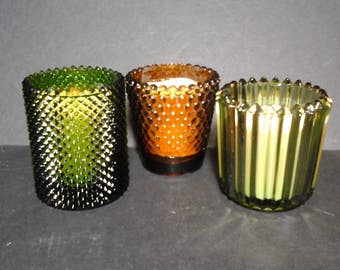3 70s Glass Votive Holders, Olive Green and Gold Small Glass Tea Light Holders