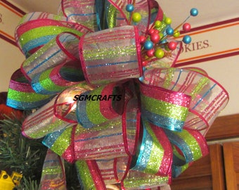 Pink Green and Blue Tree Topper Bow Pink Green and Blue Stripe Christmas Tree Topper Bow Holiday Tree Topper Bow Stripe Wired Ribbon Bow