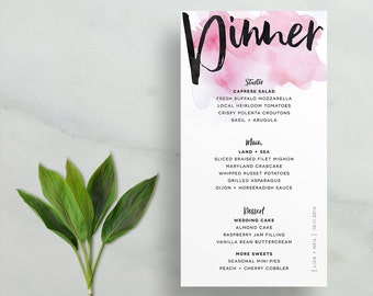 watercolor splash wedding menus // brush lettering // blue purple green pink rose champagne gray watercolor // PRINTED menus