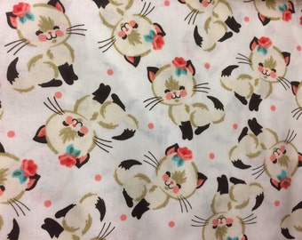 Siamese kitty cat pink rose fabric, cat fabric, cute fabric, animal fabric, pets, cotton fabric