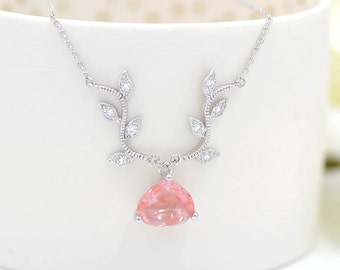 Cubic Zirconia Pink Vine And Teardrop Bridal Necklace CZ Vine Bridal Necklace With Teardrop Pendant Nouveau ,PinkBridal Necklace, romantic