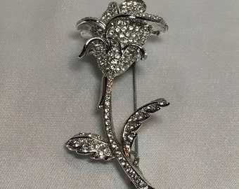 Vintage Signed Nolan Miller Rhinestone Rose Brooch