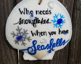 Snowflake Seashell Scallop Shell Holiday Ornament w/ crushed Sea Glass "Who needs Snowflakes, when you have Seashells", Shell Ornament