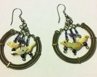 Sterling, Vintage Hoop Dangle Earrings with mother-of-pearl birds