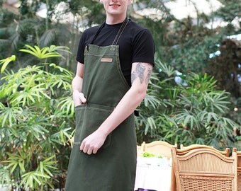 BBQ CHEF Green Canvas Apron| #1 BBQ Apron| Grill Apron | Barista Apron | Men Grilling Apron | Womens Apron | Mens Apron - U3009