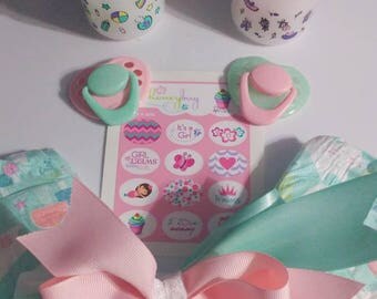 Mint/Pink Honeybug Pacifiers, Sprinkle Sheet, Honest Company Diapers, Headband, 2oz Preemie Faux Formula Bottles Reborn Baby Girl Gift Set!