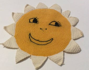 Two vintage hot pads, Summer sun and shorts set of hot pads, vintage hot pads, yellow hot pads, vintage kitchen