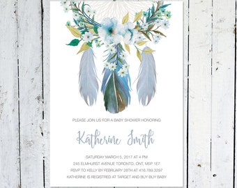 Baby Shower Invitation Boy, Dream Catcher Baby Shower Invitation, Feather Baby Shower Invite, Boho, Flowers, Watercolor, Printed, Printable