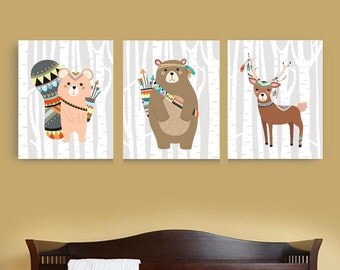 Woodland Animals Nursery Set Forest Animals Nursery Decor Woodland Animals Canvas Set Woodland Tribal Animals print or canvas set custom