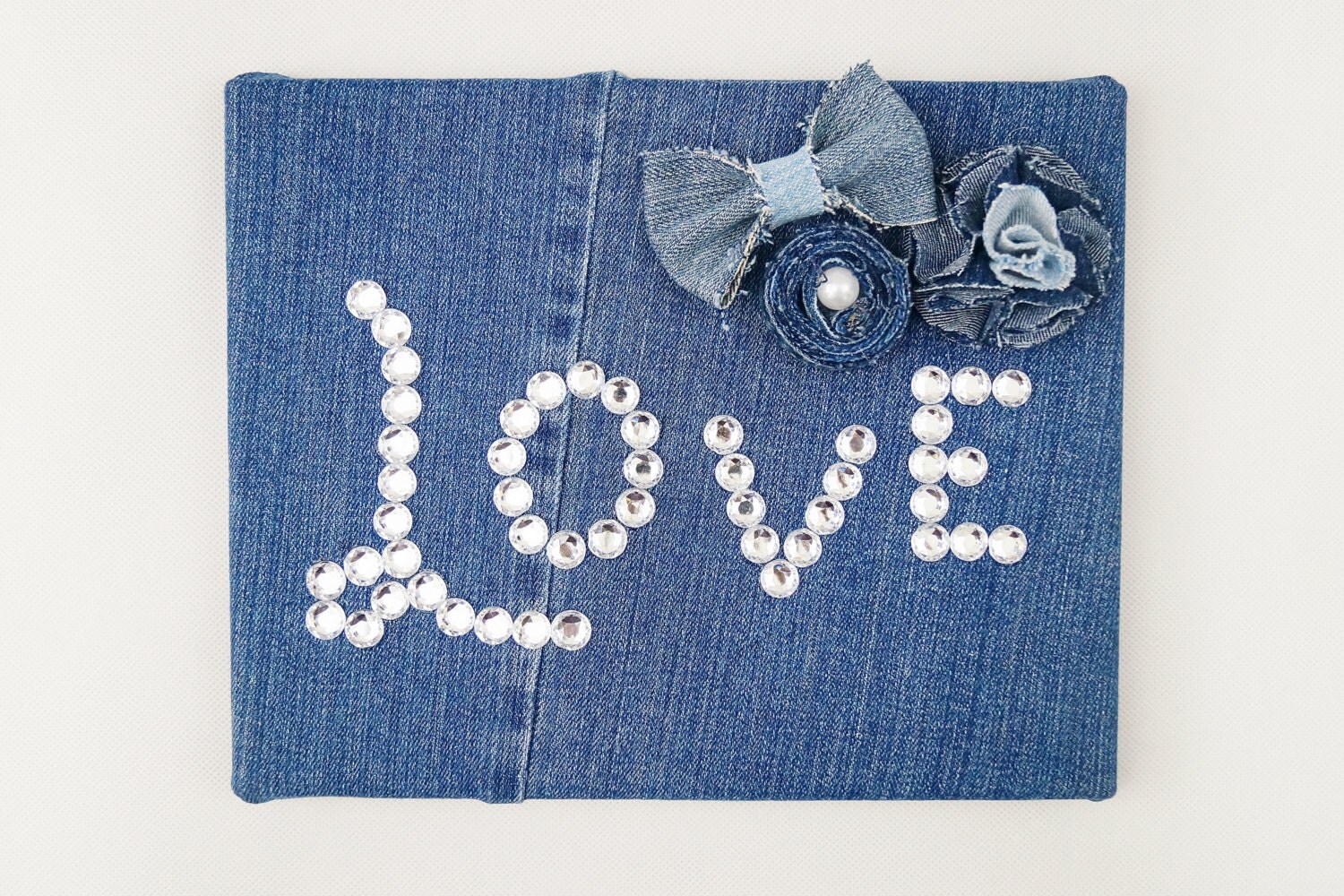 Denim Canvas LOVE Rhinestone Wall Hanging Room Decor 8x10