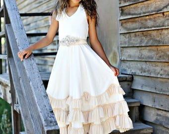 beach flower girl dress, junior bridesmaid dress, rustic flower girl, bohemian flower girl dress, country flower girl dress,girls maxi dress