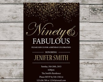 90th Birthday Invitation For Women, PRINTABLE Ninety And Fabulous Birthday Invite, Golden 90th invitation. Silver Glitter Ninety Invitation