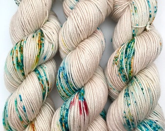 Hand Dyed Yarn "Cleopatra and the Asp" Teal Ecru Turquoise Gold Ivory Merino Cashmere Silk Sportweight Superwash 300yds